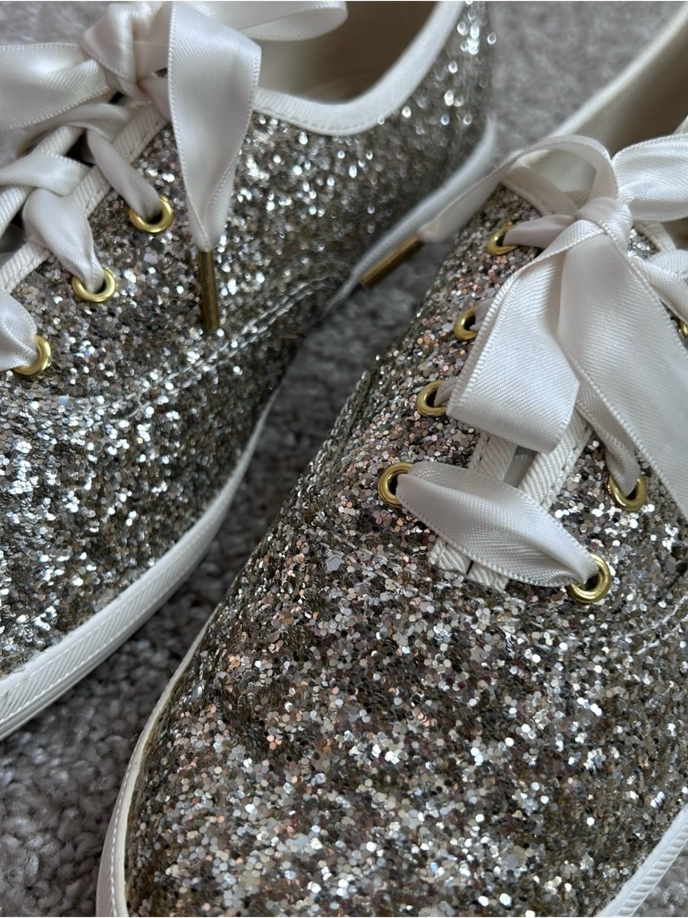 Keds x Kate Spade Glitter Sneakers Womens Size 8 Champagne Silver Ribbon Laces - Picture 10 of 12